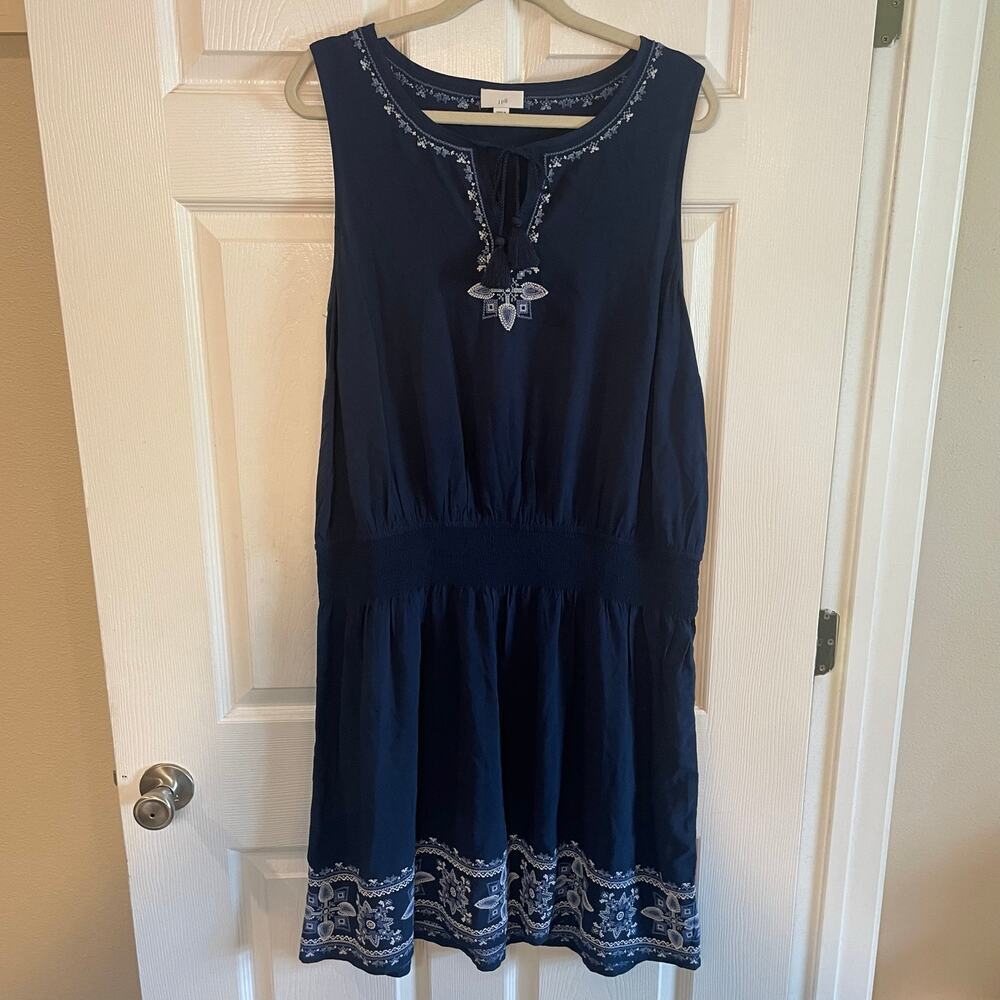 J Jill Dress Women Large Blue Embroidered Midi Tank Drop Waist Sleeveless Boho